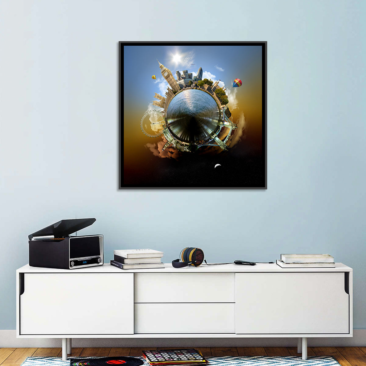Miniature Planet London Skyline Wall Art in a room, square