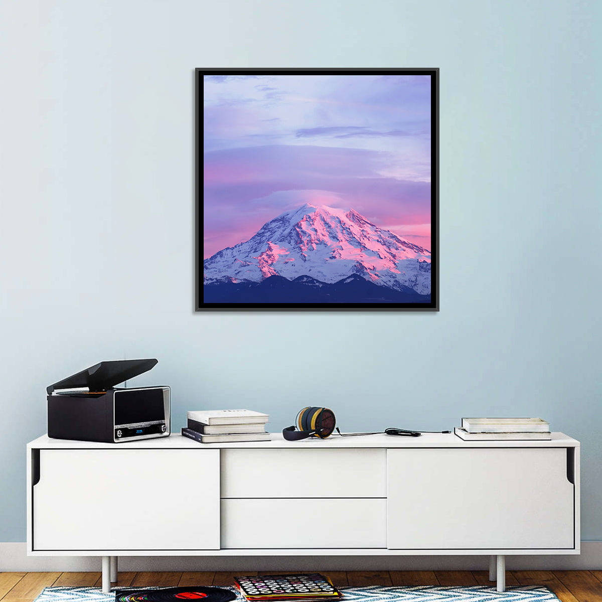 Mount Rainier Alpenglow with Lenticular Cloud Wall Art in a room, square
