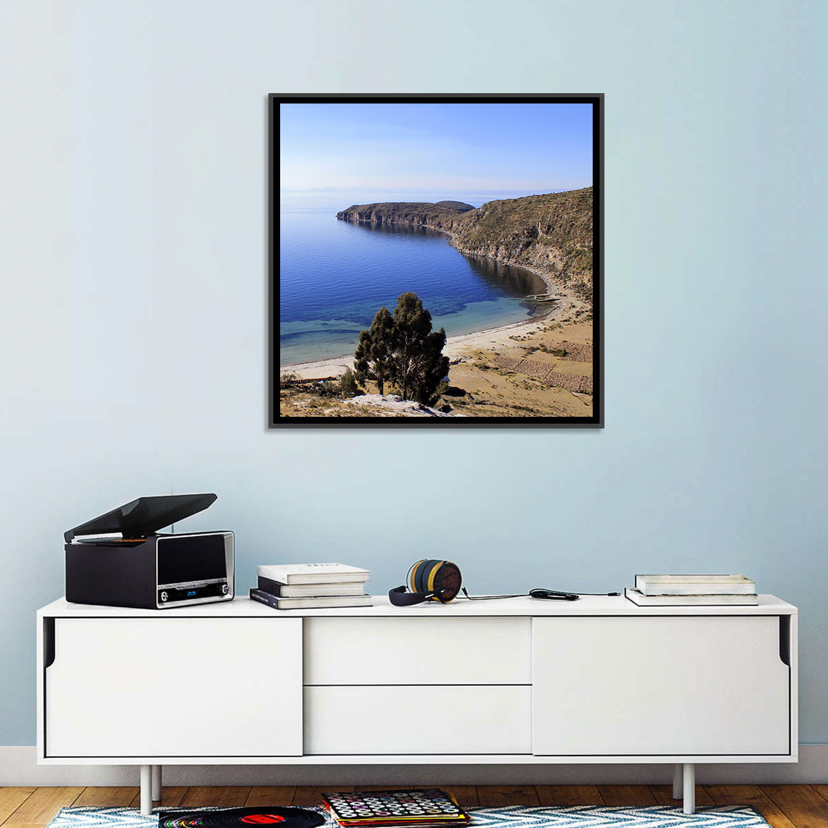 Titicaca Cliffs and Turquoise Water Wall Art in a room, square