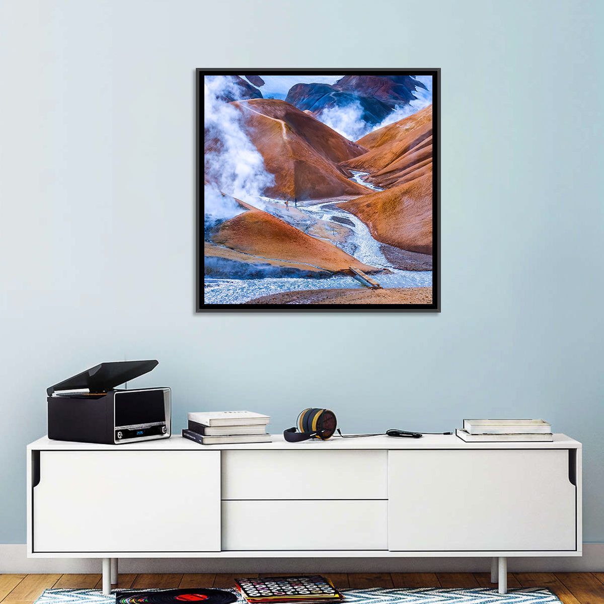 Geothermal Valley with Footbridge Wall Art in a room, square