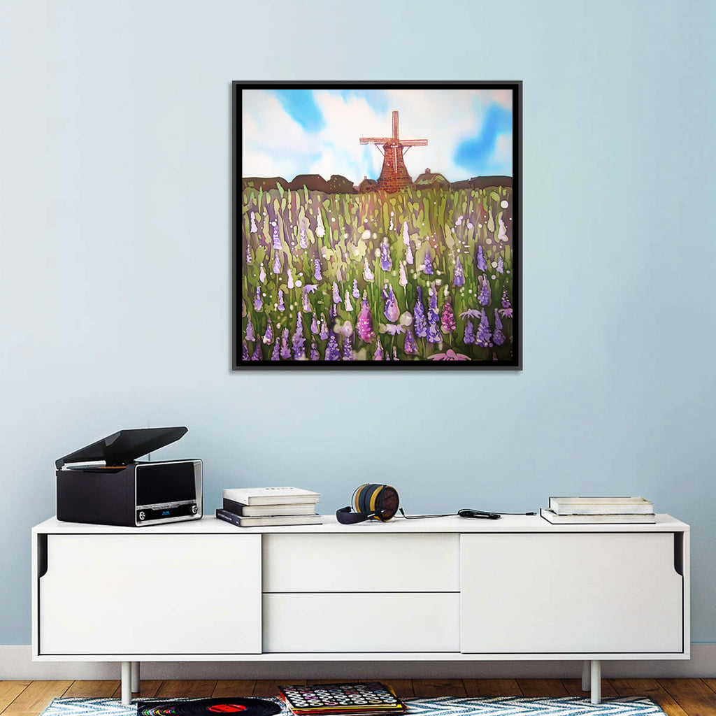 Ink Wash Windmill in Blooming Field Wall Art