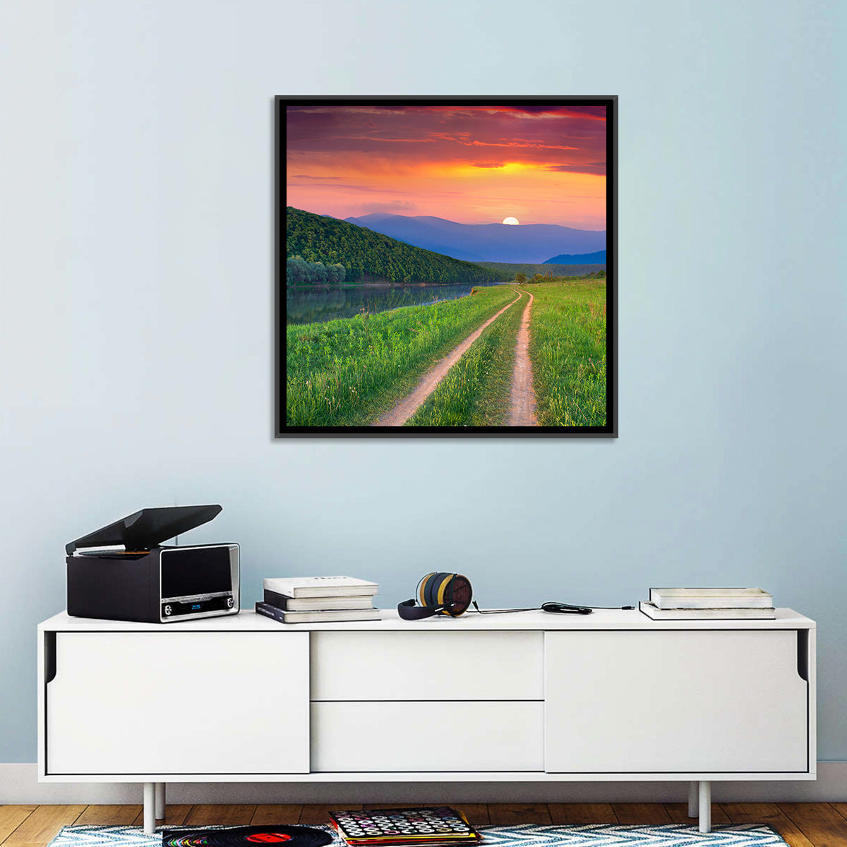 Sunset Path to Mountain Lake Wall Art in a room, square