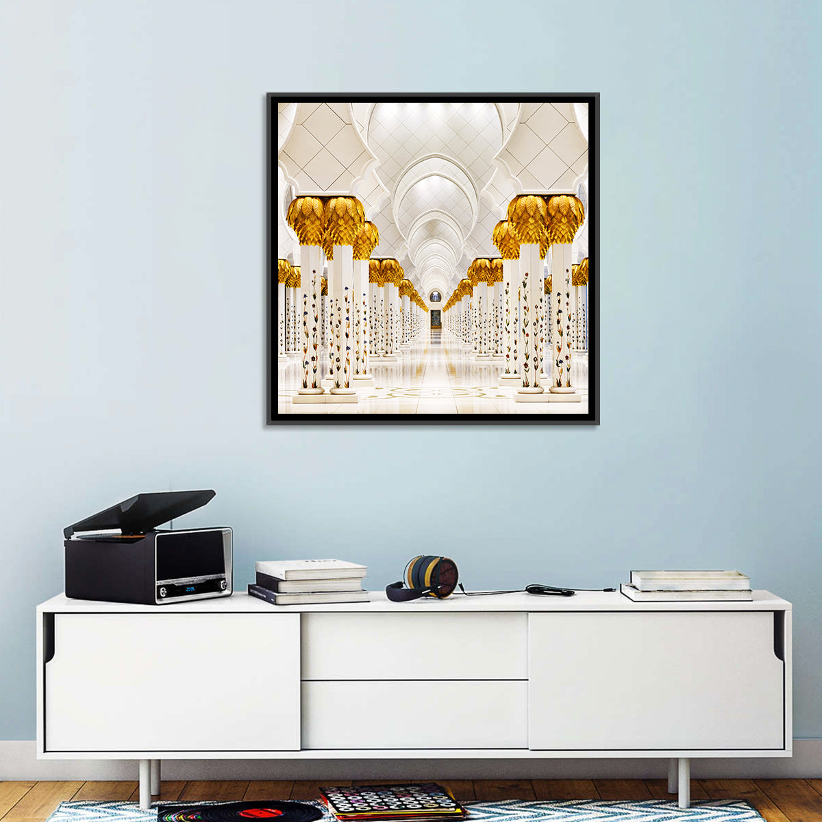 Sheikh Zayed Grand Mosque Colonnade Wall Art in a room, square