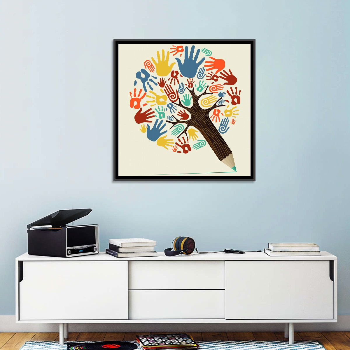 Handprint Tree Illustration Wall Art in a room, square