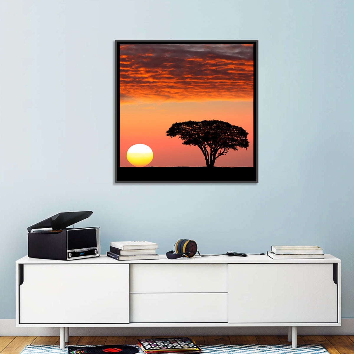 Serengeti Sunset Silhouette Wall Art in a room, square