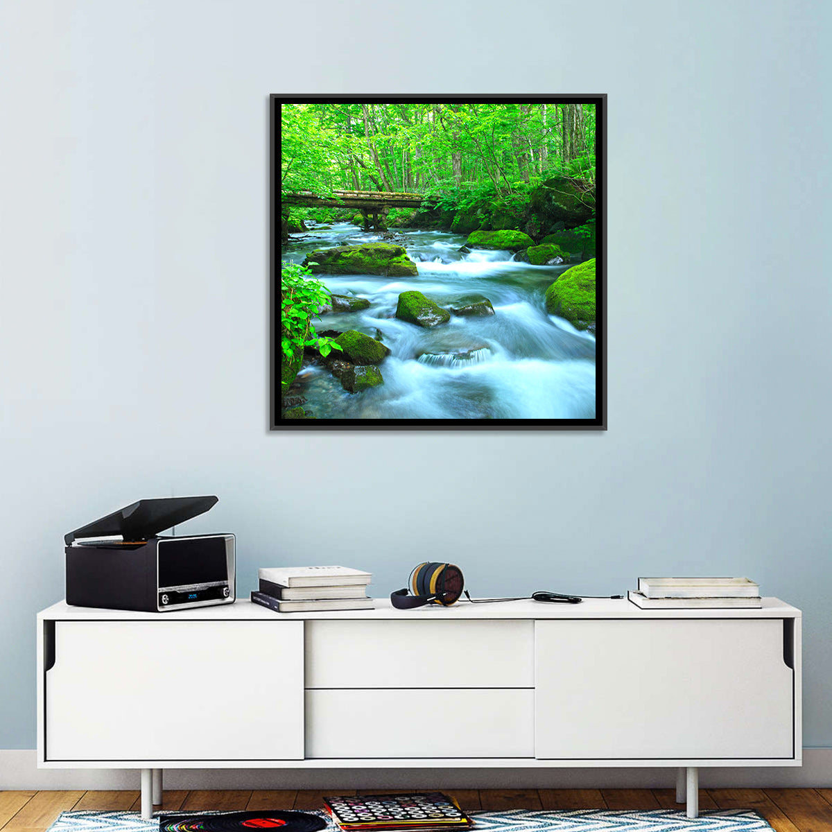 Mossy Forest Stream Wall Art in a room, square