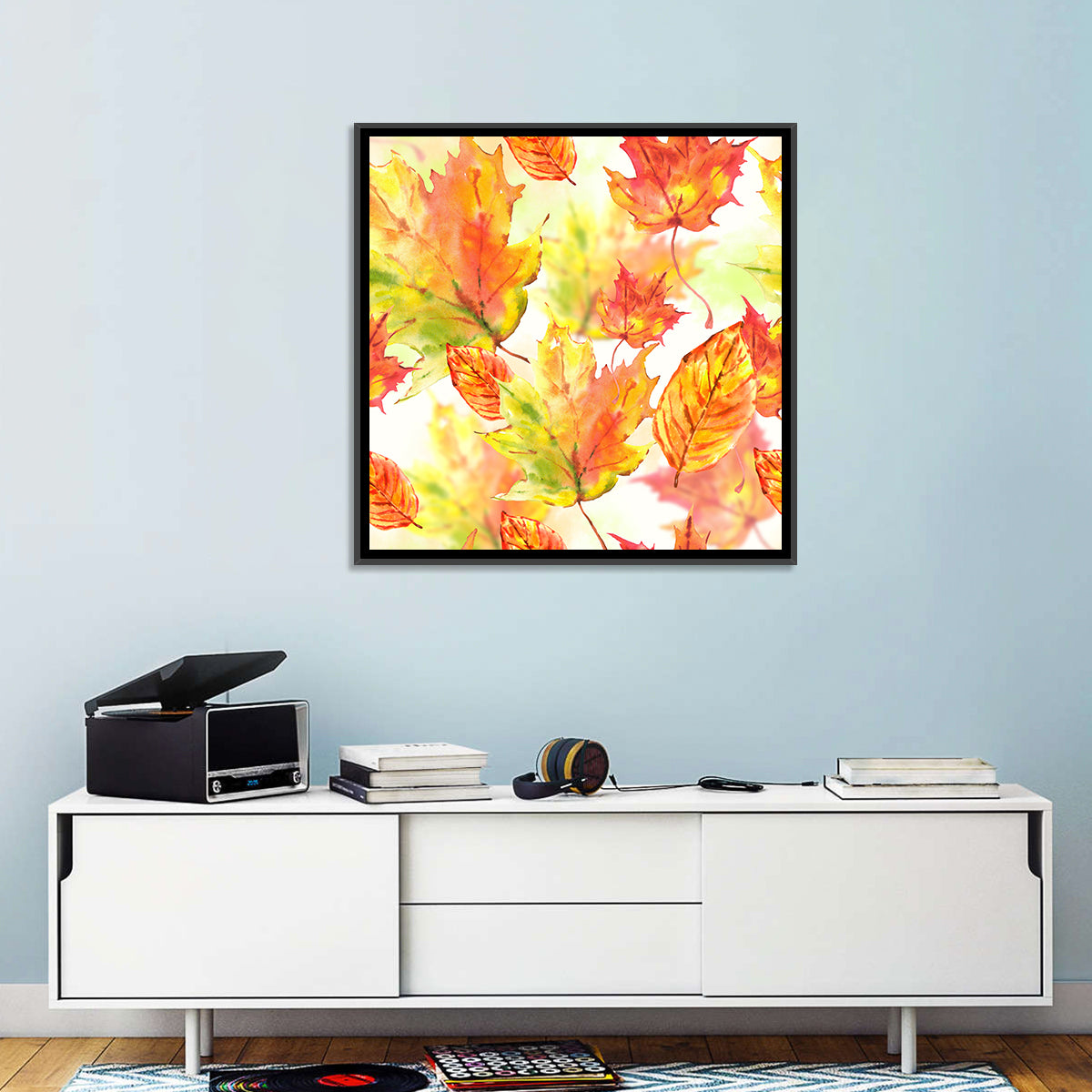 Falling Autumn Leaves Wall Art in a room, square