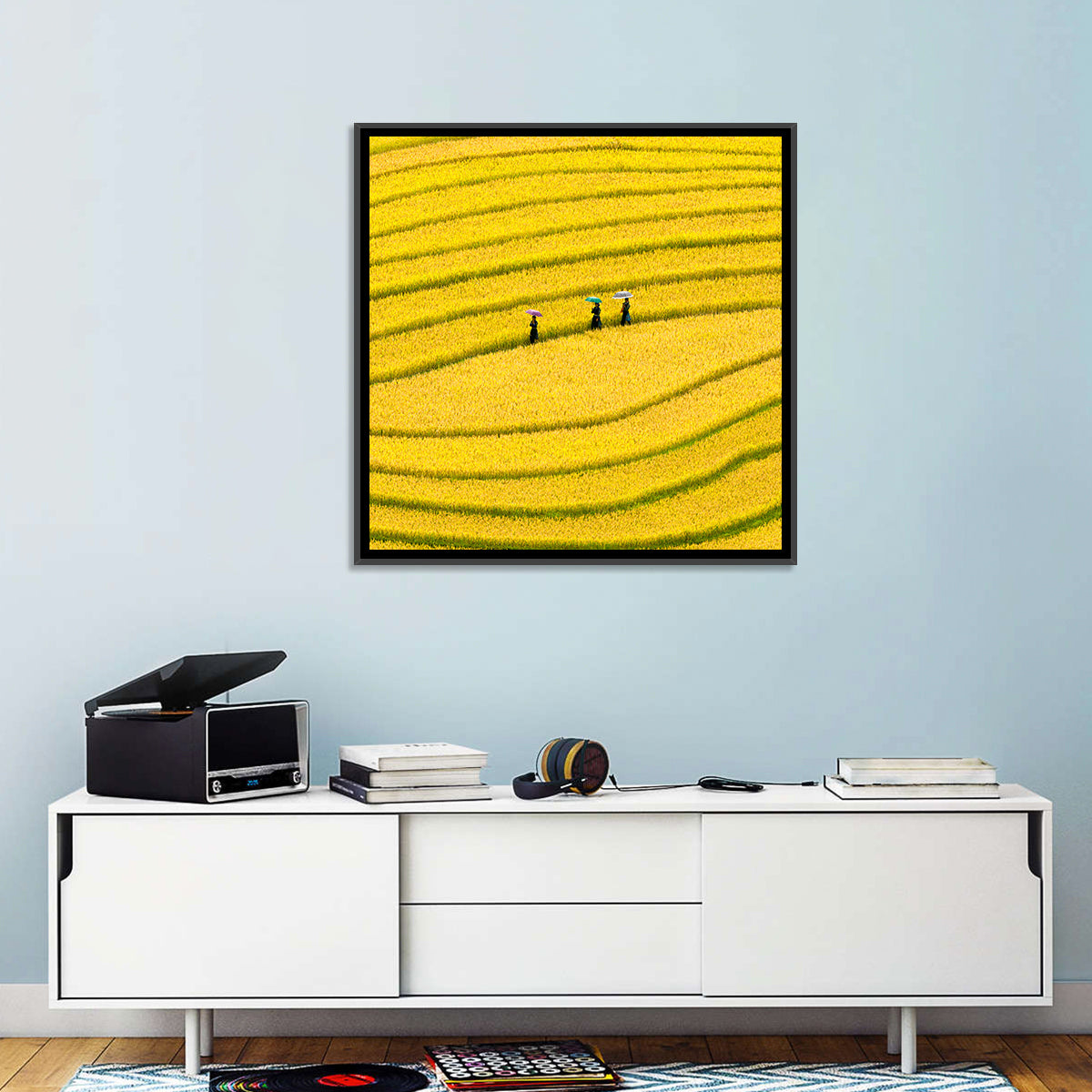 Golden Rice Terraces with Umbrellas Wall Art in a room, square