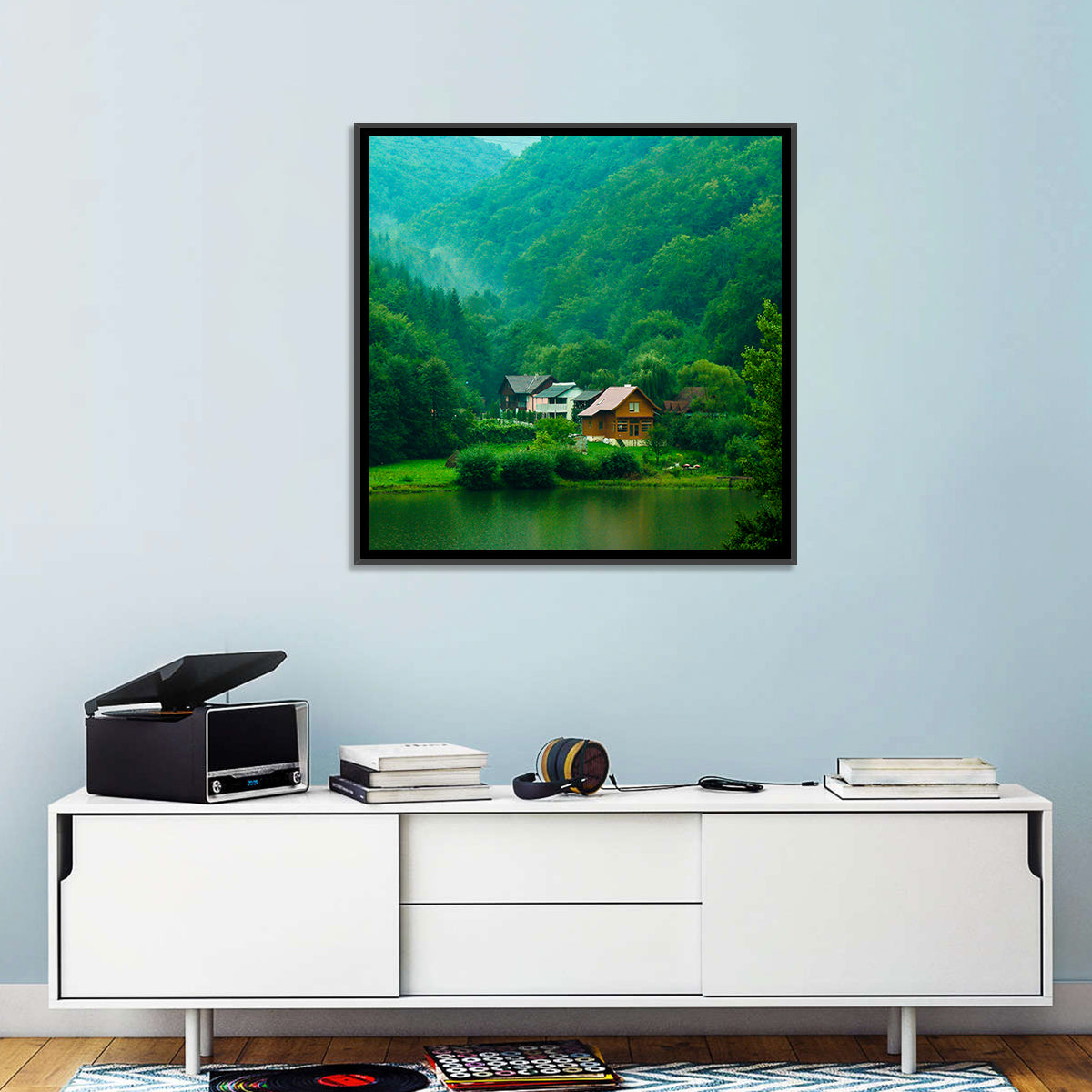 Mist Over Lake Tarnita Wall Art in a room, square