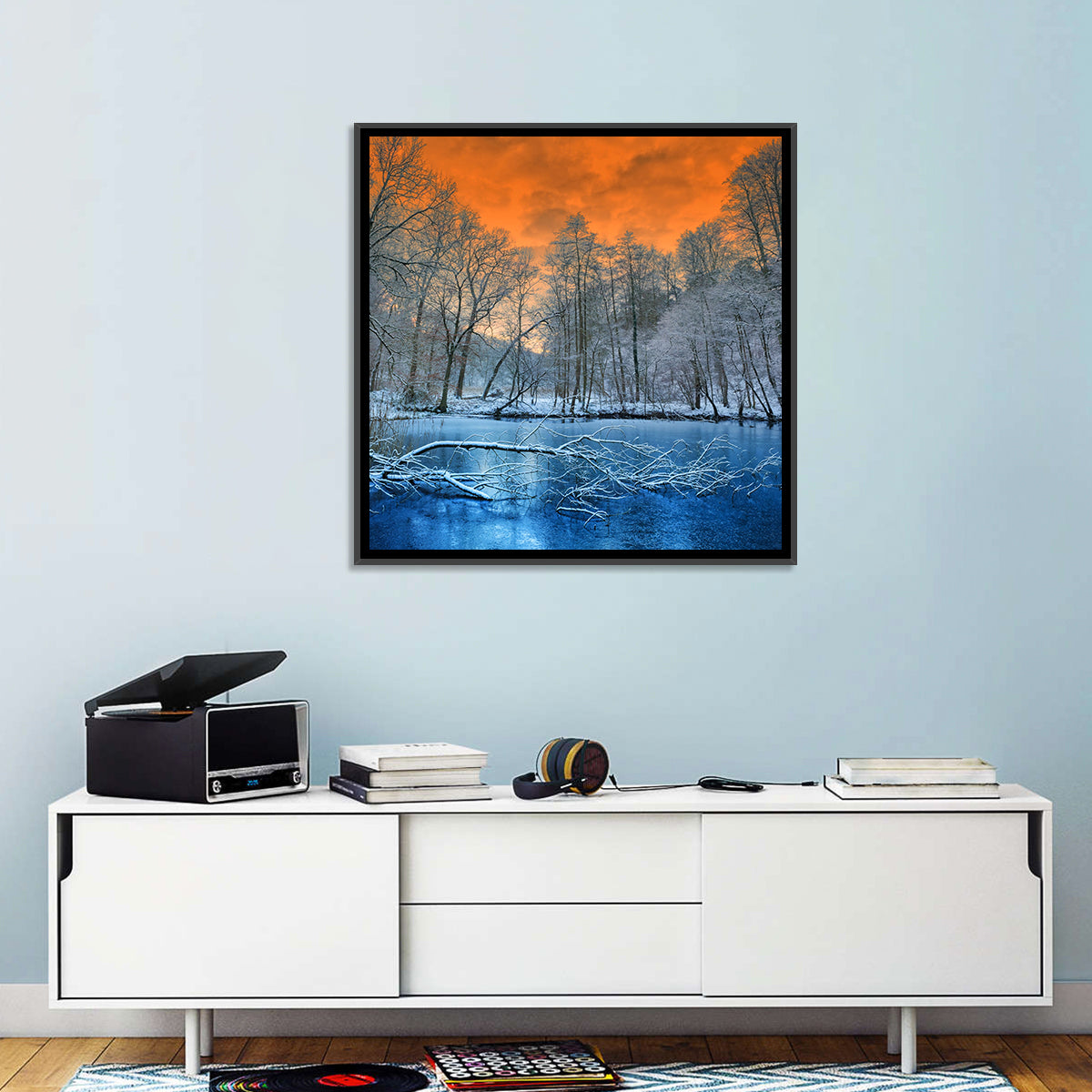 Sunset Over Winter Forest Lake Wall Art