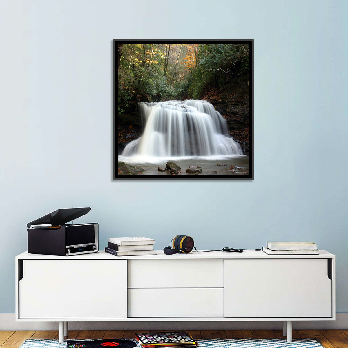 Holly River Autumn Waterfall Wall Art in a room, square