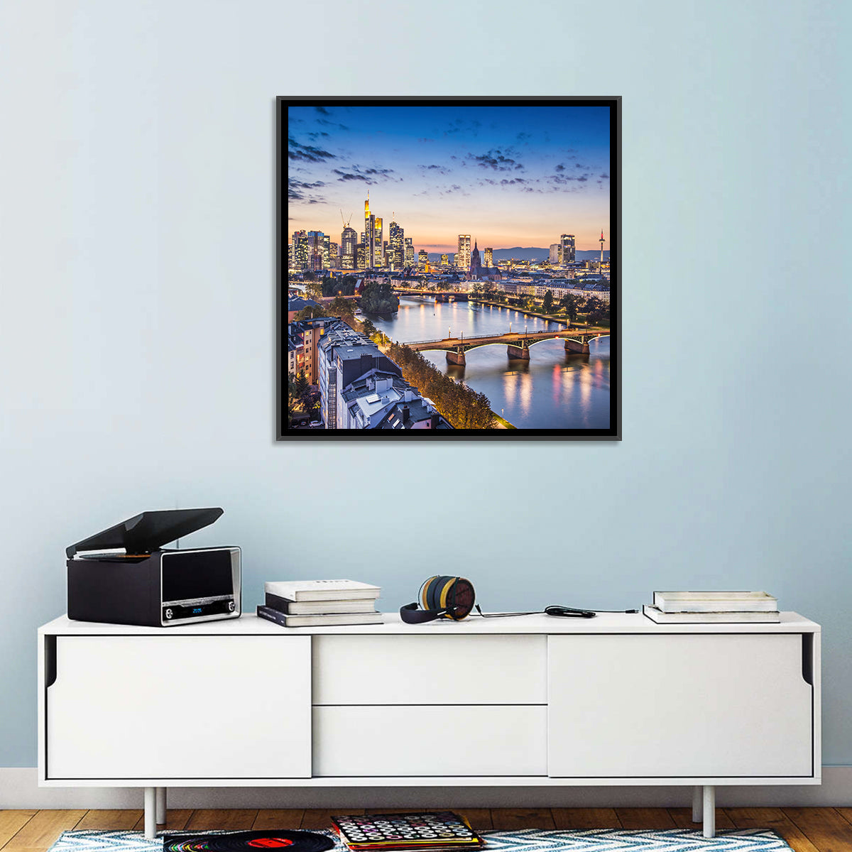 Frankfurt Twilight Skyline Wall Art in a room, square