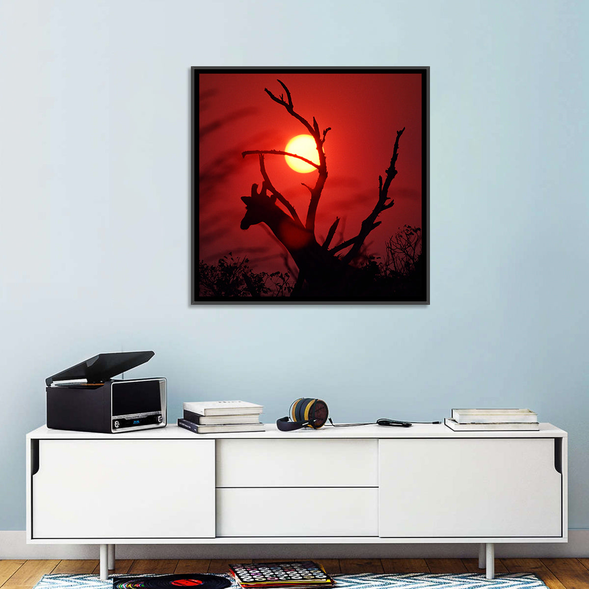 Giraffe Silhouette at Sunset Wall Art in a room, square