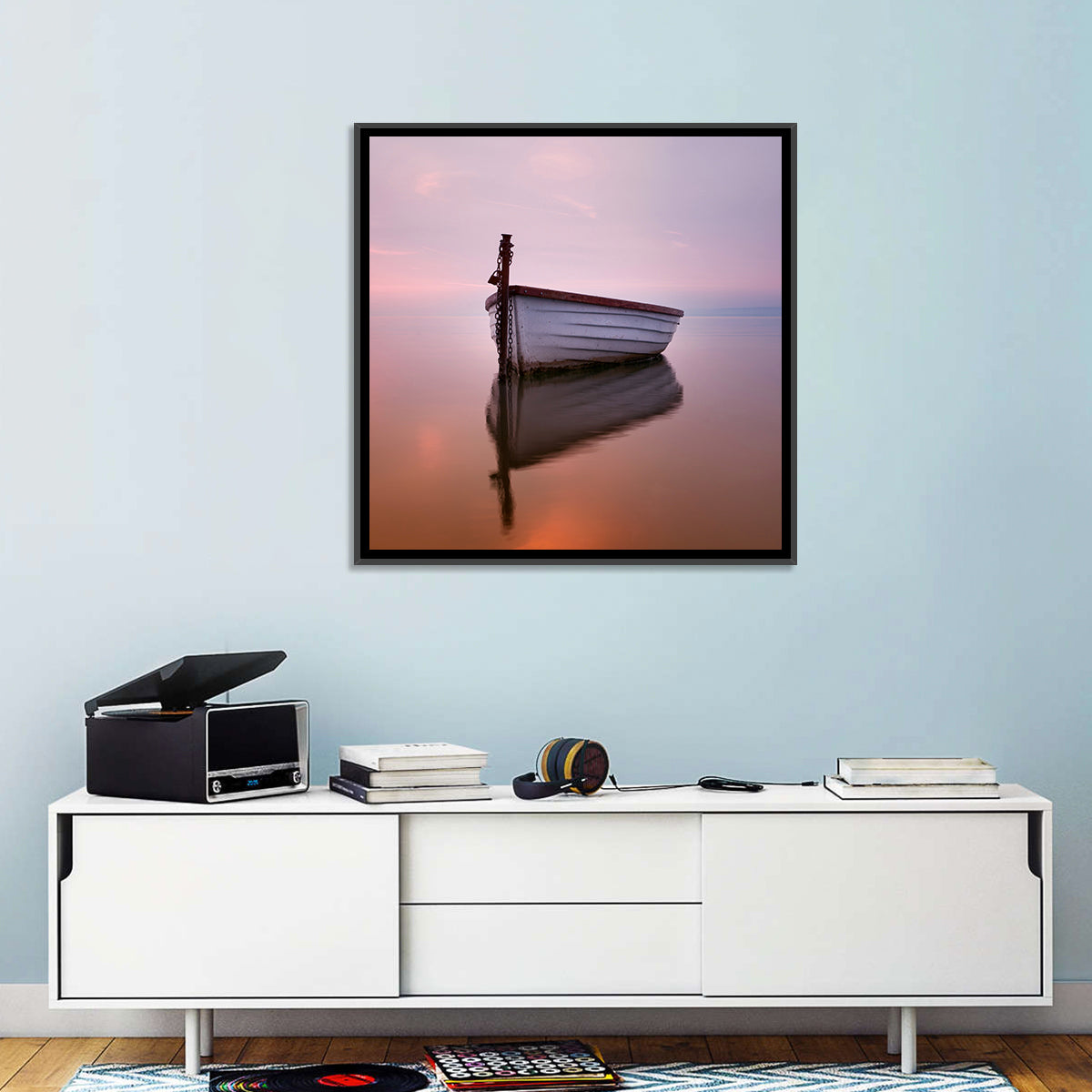 Pastel Boat Reflection Wall Art in a room, square