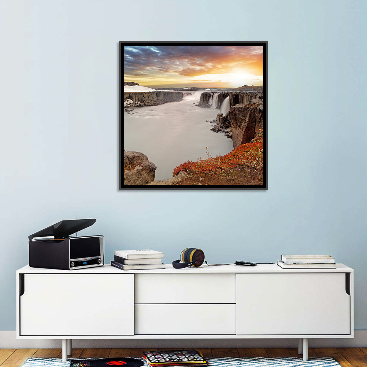 Selfoss Waterfall at Sunset Wall Art in a room, square