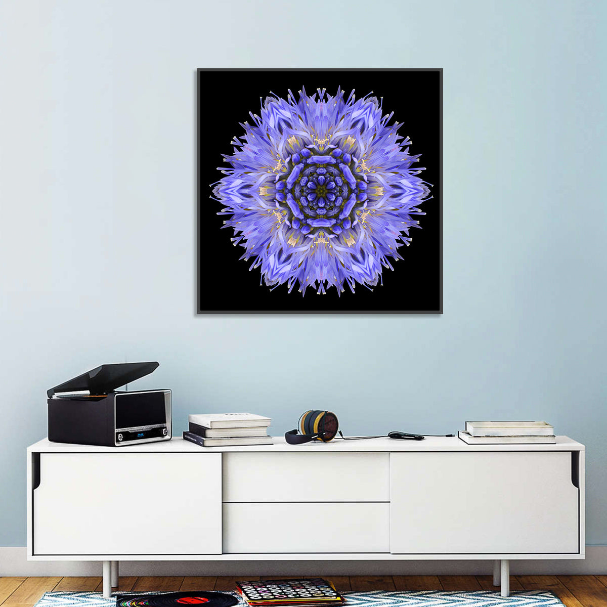 Cornflower Mandala Kaleidoscope Wall Art in a room, square