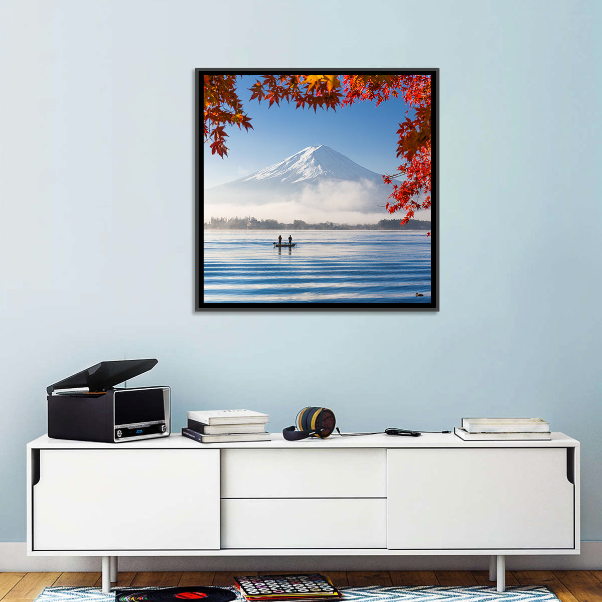 Mount Fuji Over Lake Kawaguchiko Wall Art in a room, square