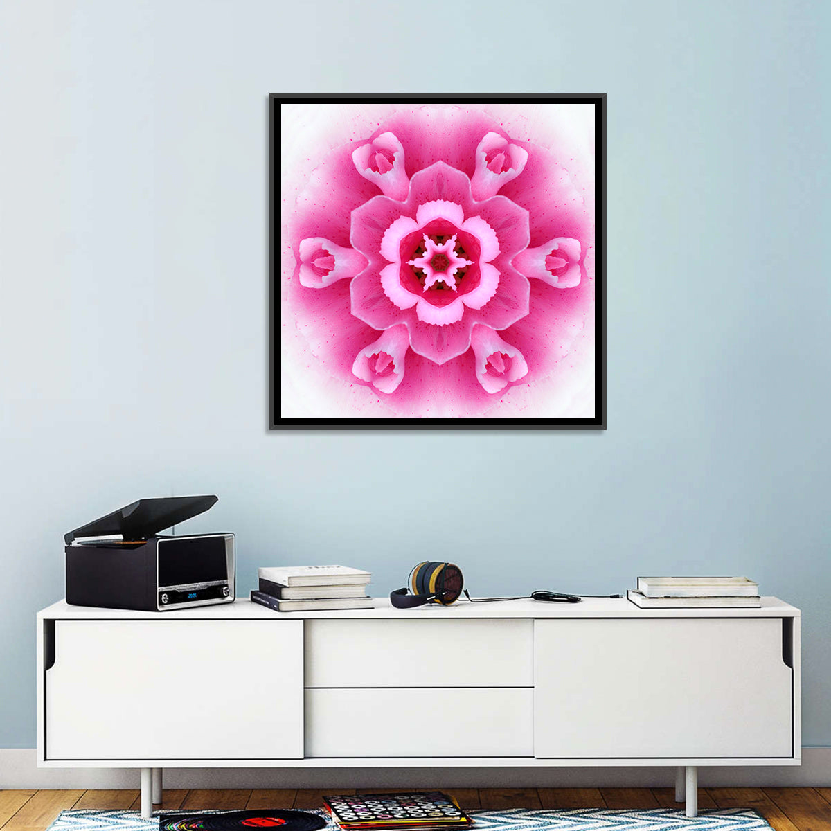 Pink Carnation Kaleidoscope Mandala Wall Art in a room, square