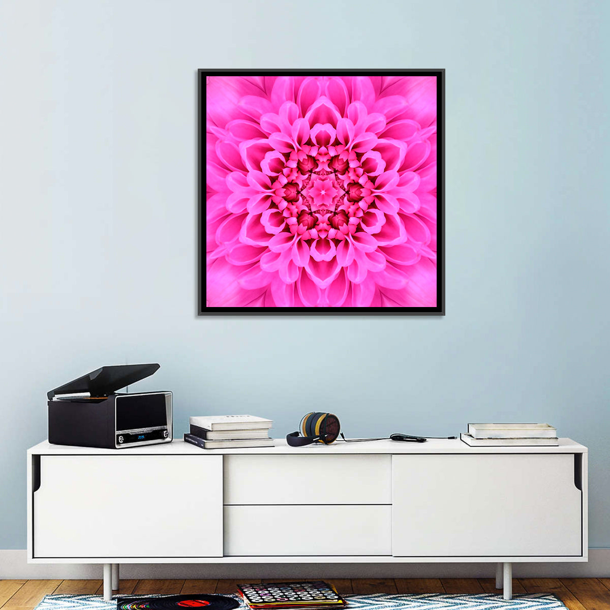 Kaleidoscopic Chrysanthemum Mandala in Magenta Wall Art in a room, square
