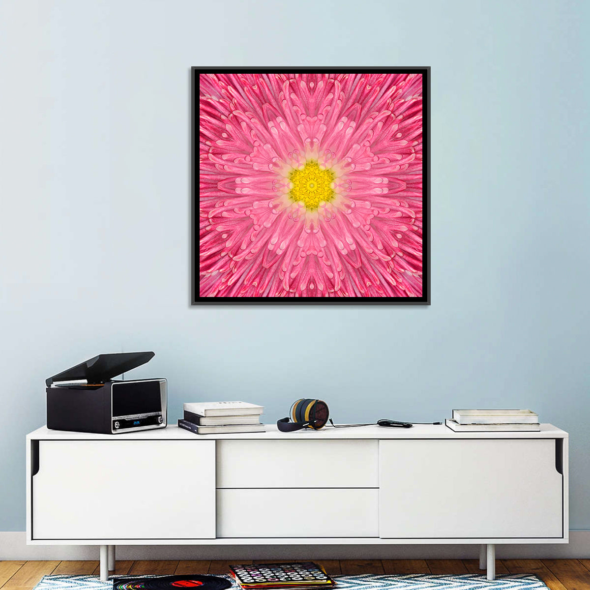 Kaleidoscopic Daisy Mandala Bloom Wall Art in a room, square