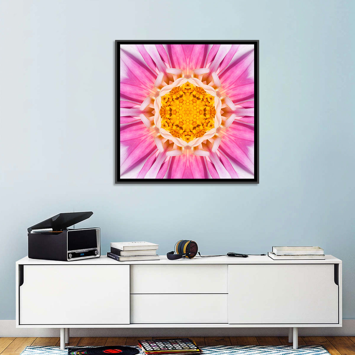 Kaleidoscopic Dahlia Mandala Bloom Wall Art in a room, square