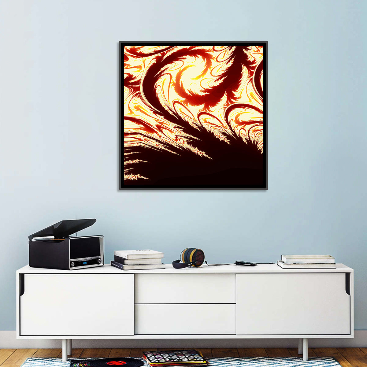 Flying Feathers in Flame Wall Art in a room, square