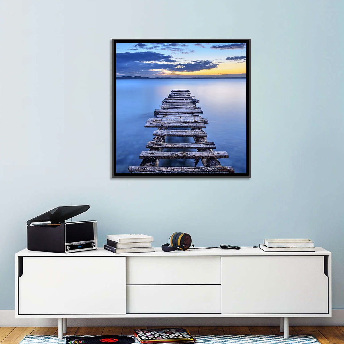 Weathered Lake Pier at Dusk Wall Art in a room, square