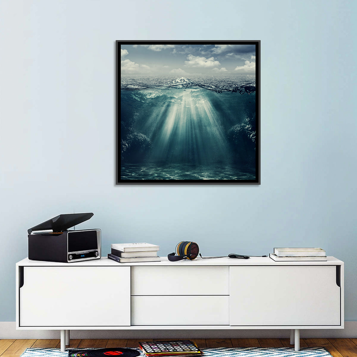 Split-level Underwater Ocean View Wall Art in a room, square