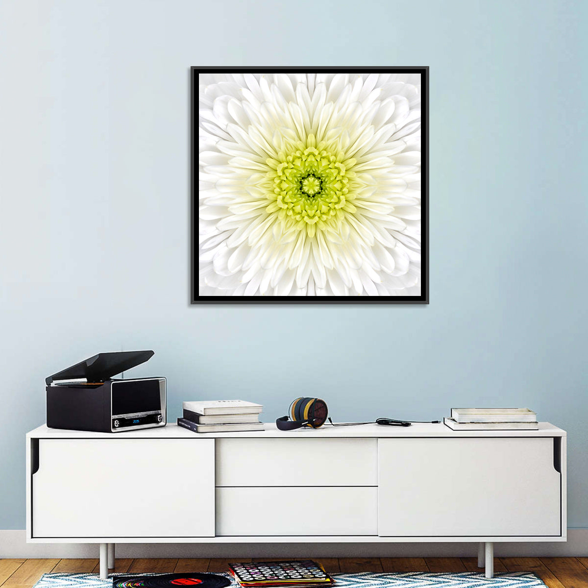 White Chrysanthemum Mandala Close Up Wall Art in a room, square