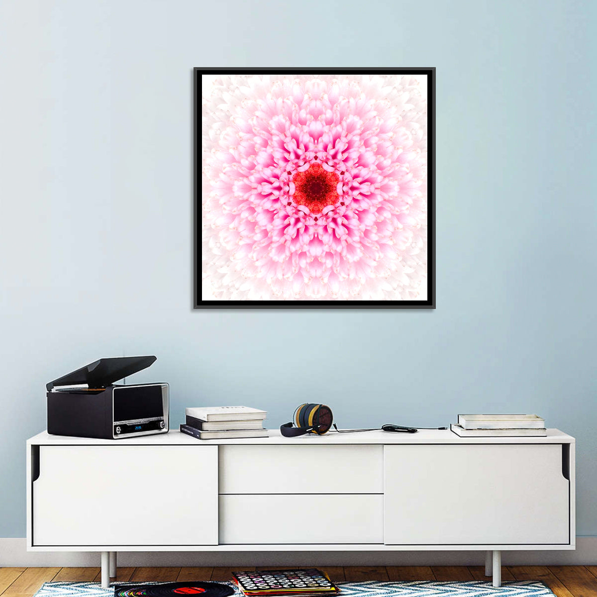 Pink Chrysanthemum Mandala with Deep Red Center Wall Art in a room, square