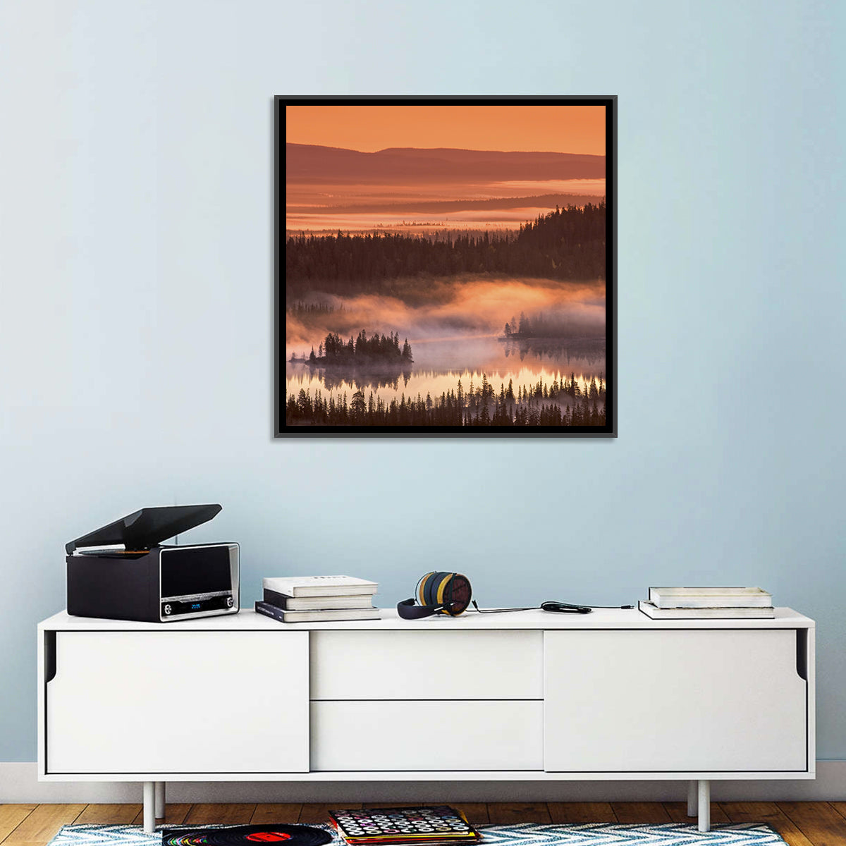 Lapland Sunrise Over Misty Lake Wall Art in a room, square