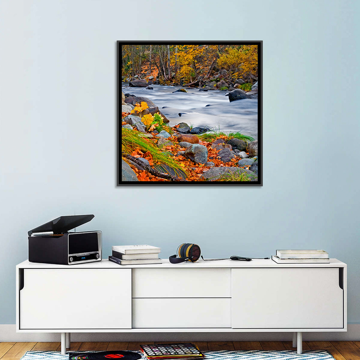 Golden Autumn Forest Creek Wall Art in a room, square