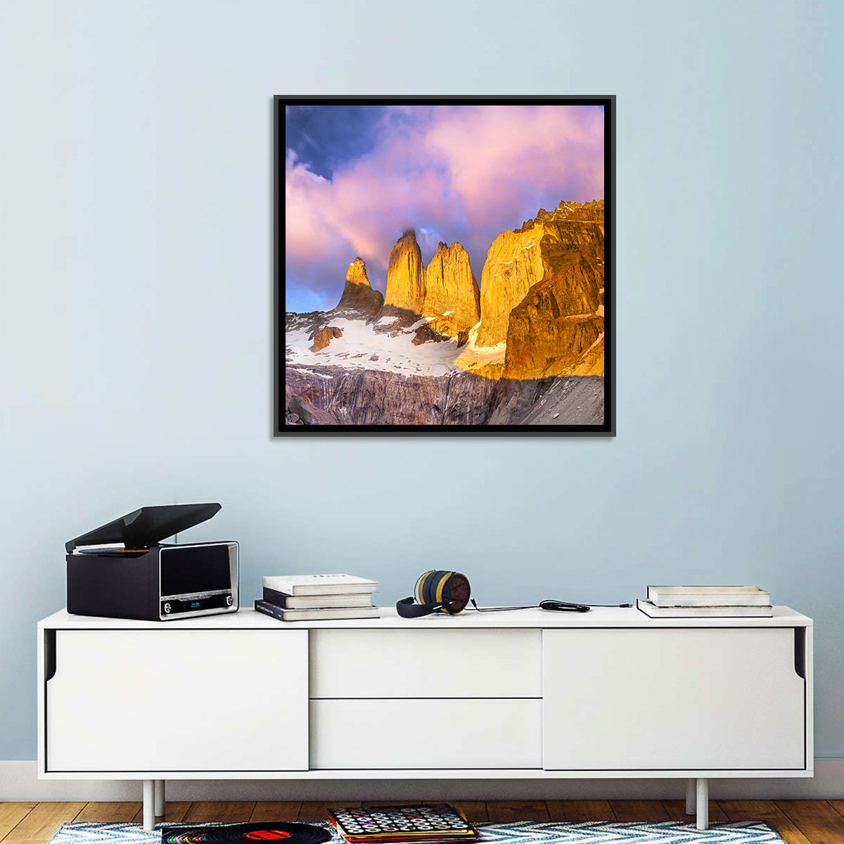 Torres Del Paine Alpenglow Wall Art in a room, square