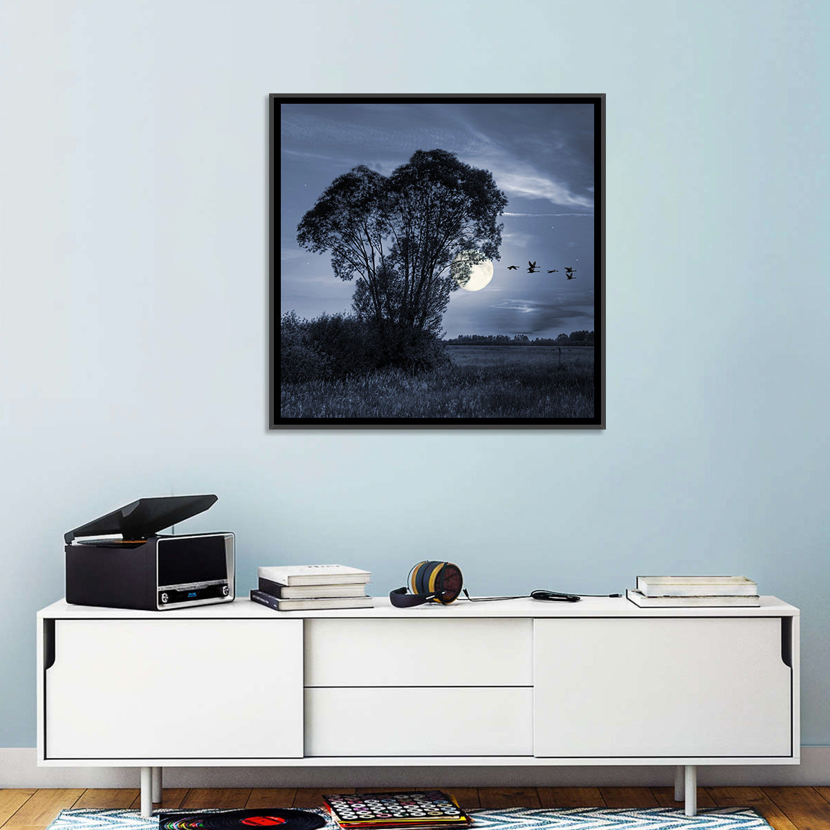 Moonlit Birds Over Quiet Field Wall Art in a room, square