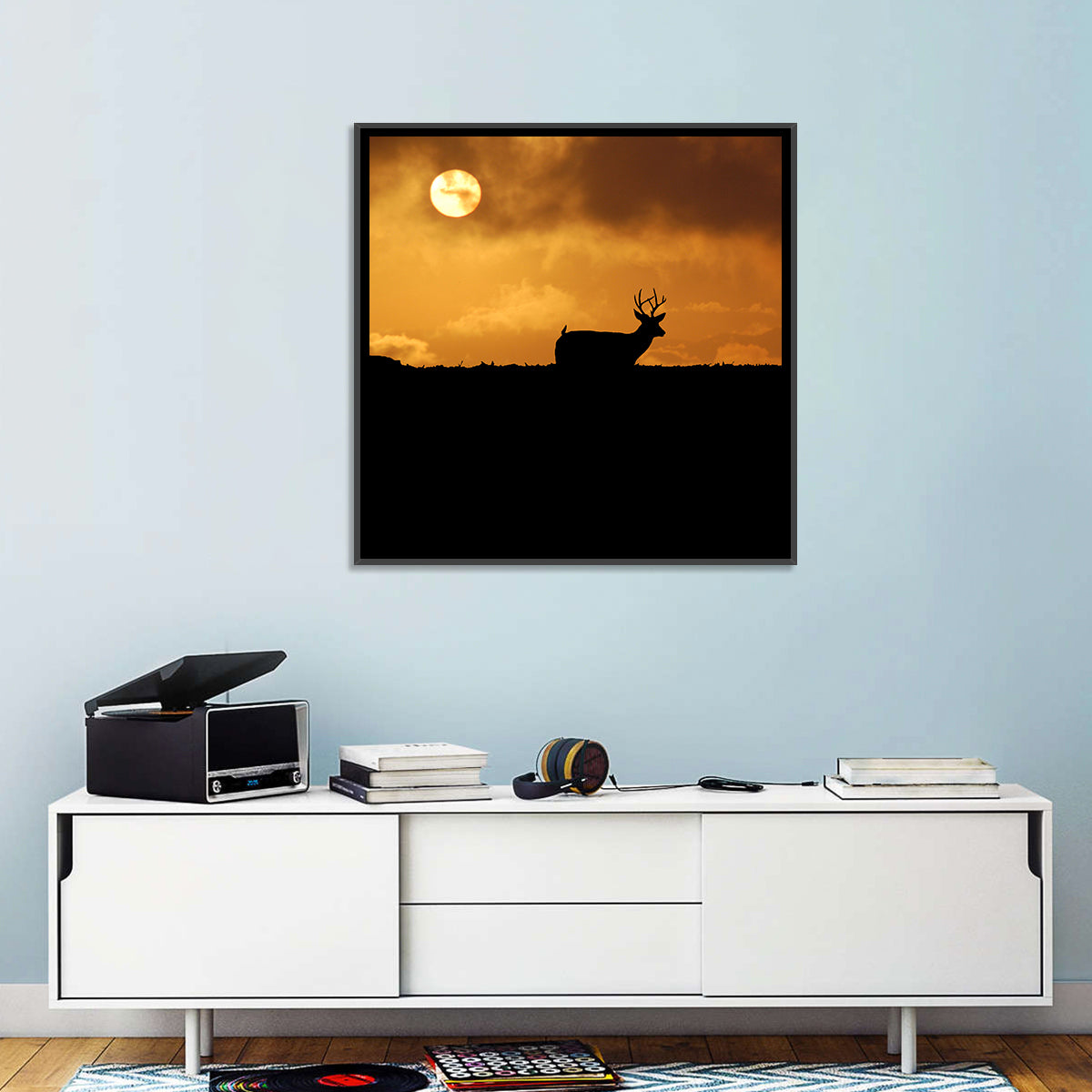 Deer at Sunset Wall Art in a room, square