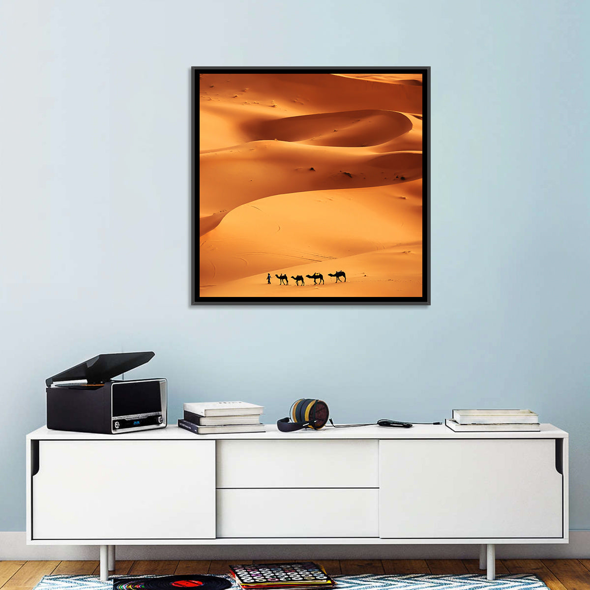 Desert Camel Caravan in Golden Dunes Wall Art in a room, square