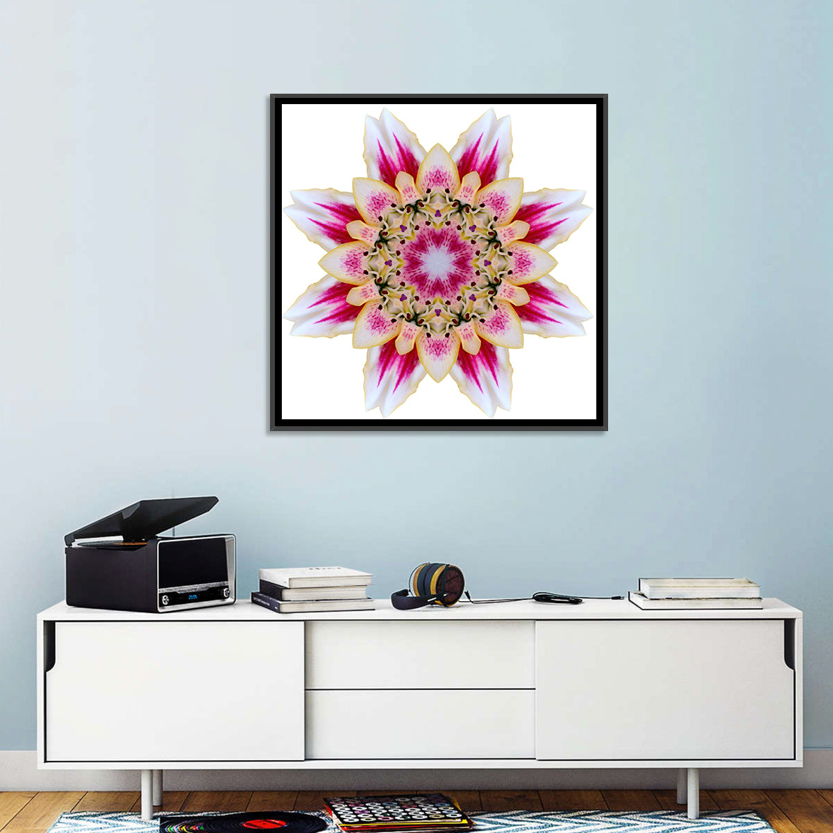 Pink Lily Star Mandala Pattern Wall Art in a room, square