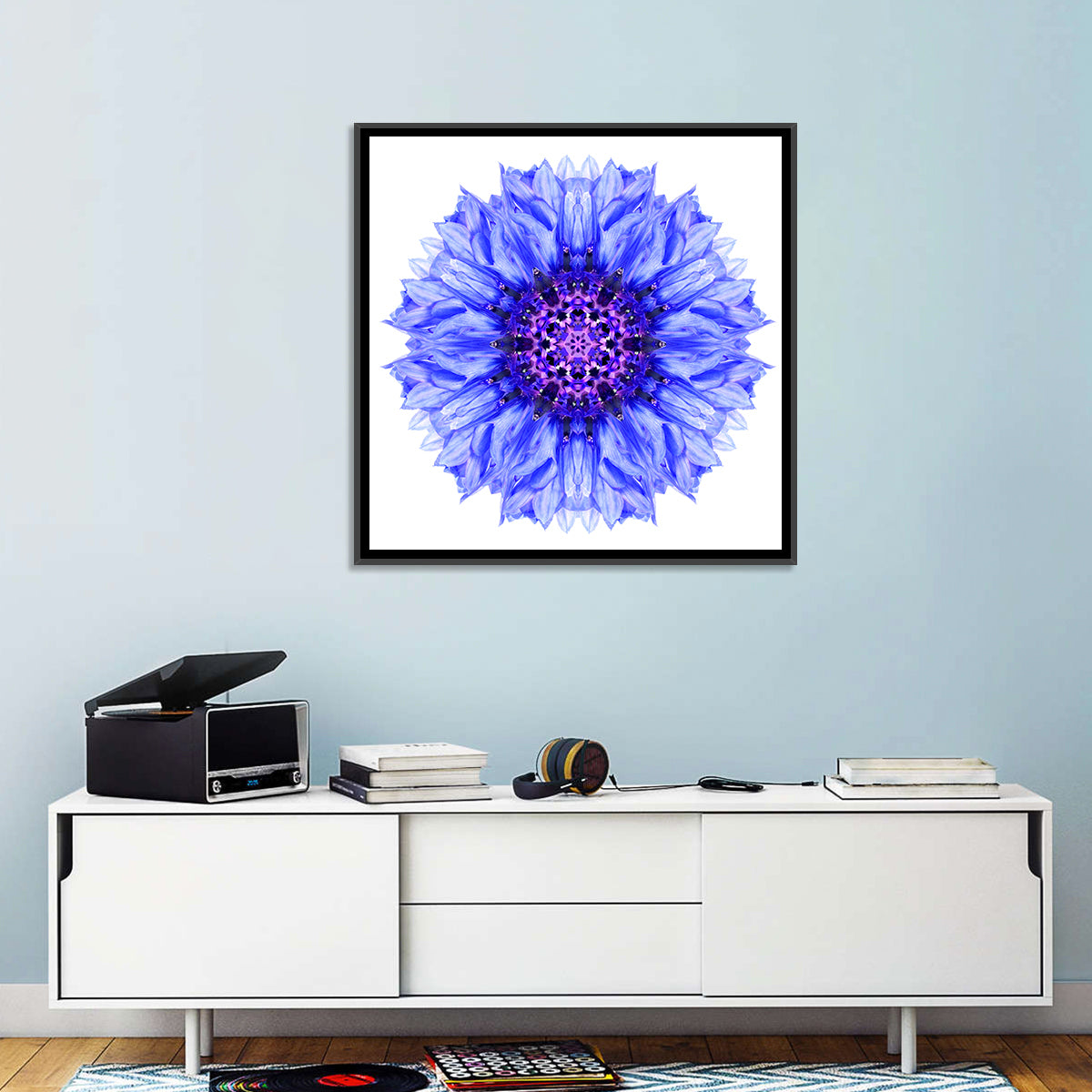 Cornflower Mandala with Dark Violet Center Wall Art in a room, square