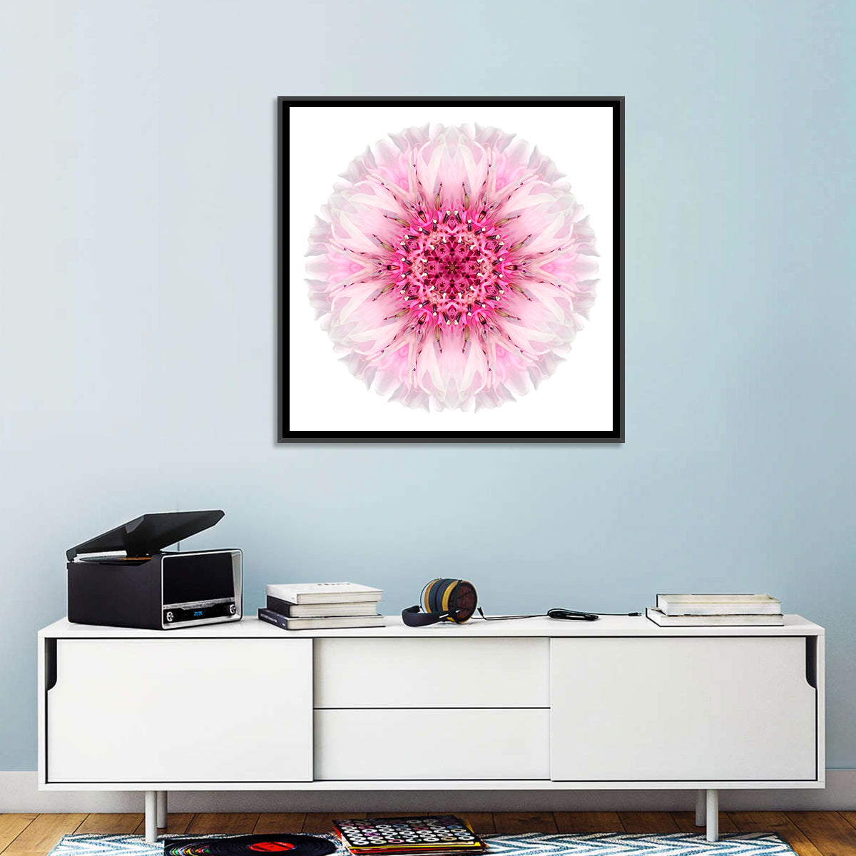 Pink Cornflower Kaleidoscope Mandala Wall Art in a room, square