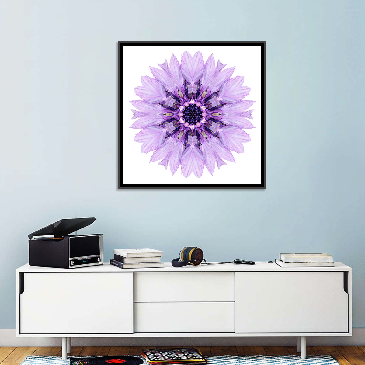 Lavender Cornflower Mandala Wall Art in a room, square
