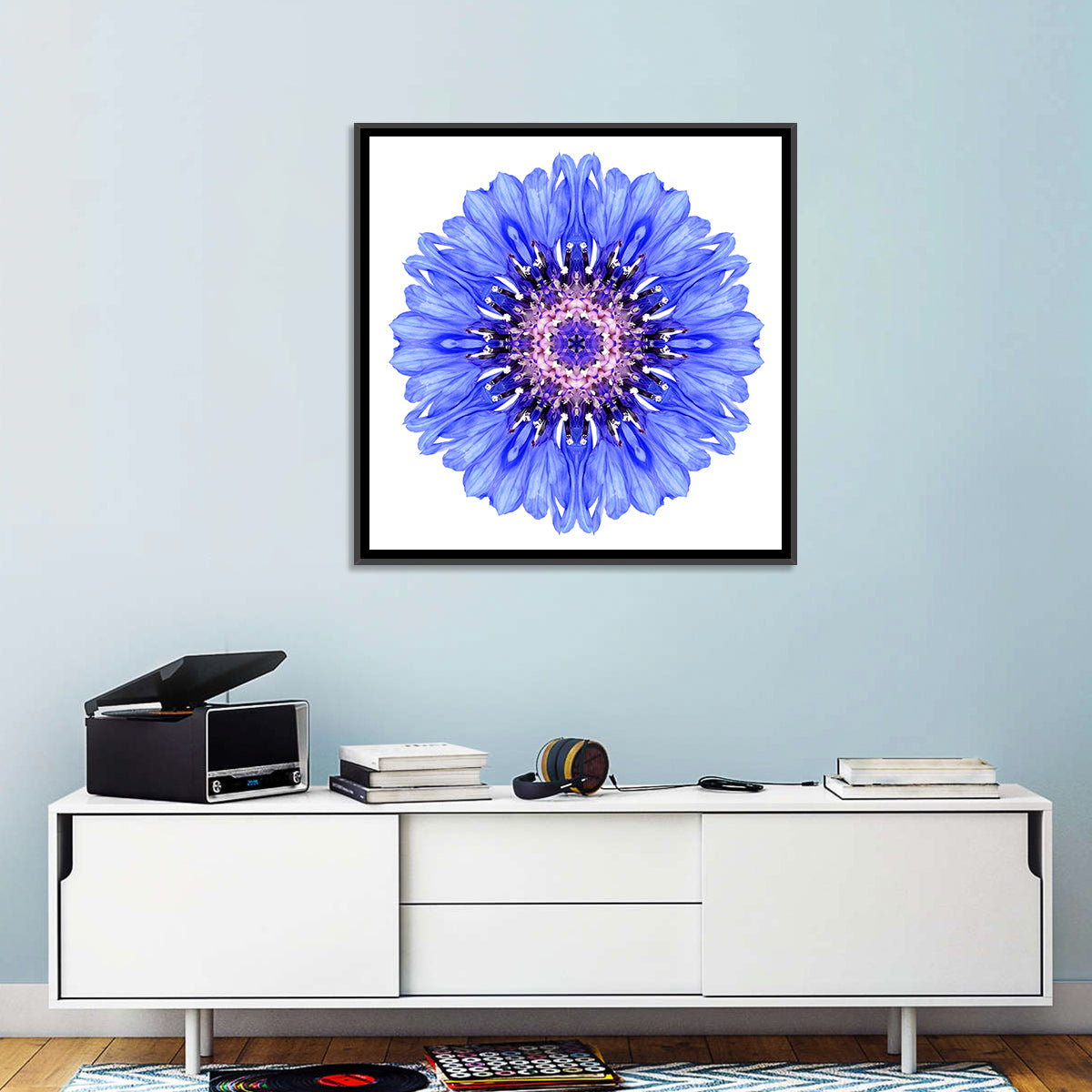 Blue Cornflower Mandala Pattern Wall Art in a room, square