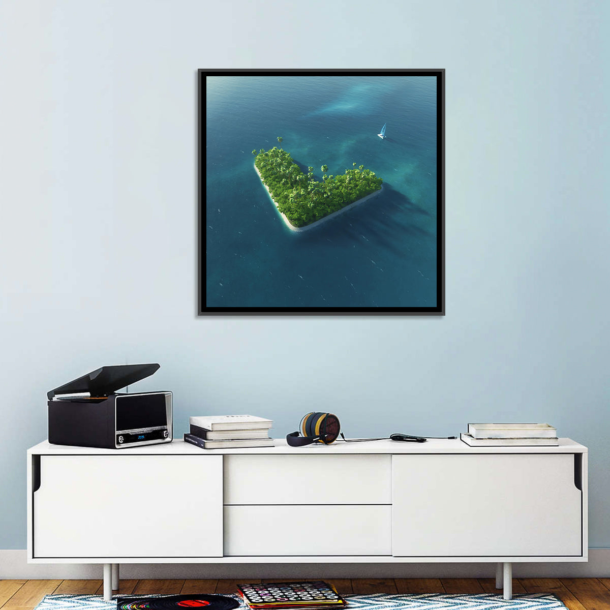 V-shaped Tropical Island with Distant Catamaran Wall Art in a room, square