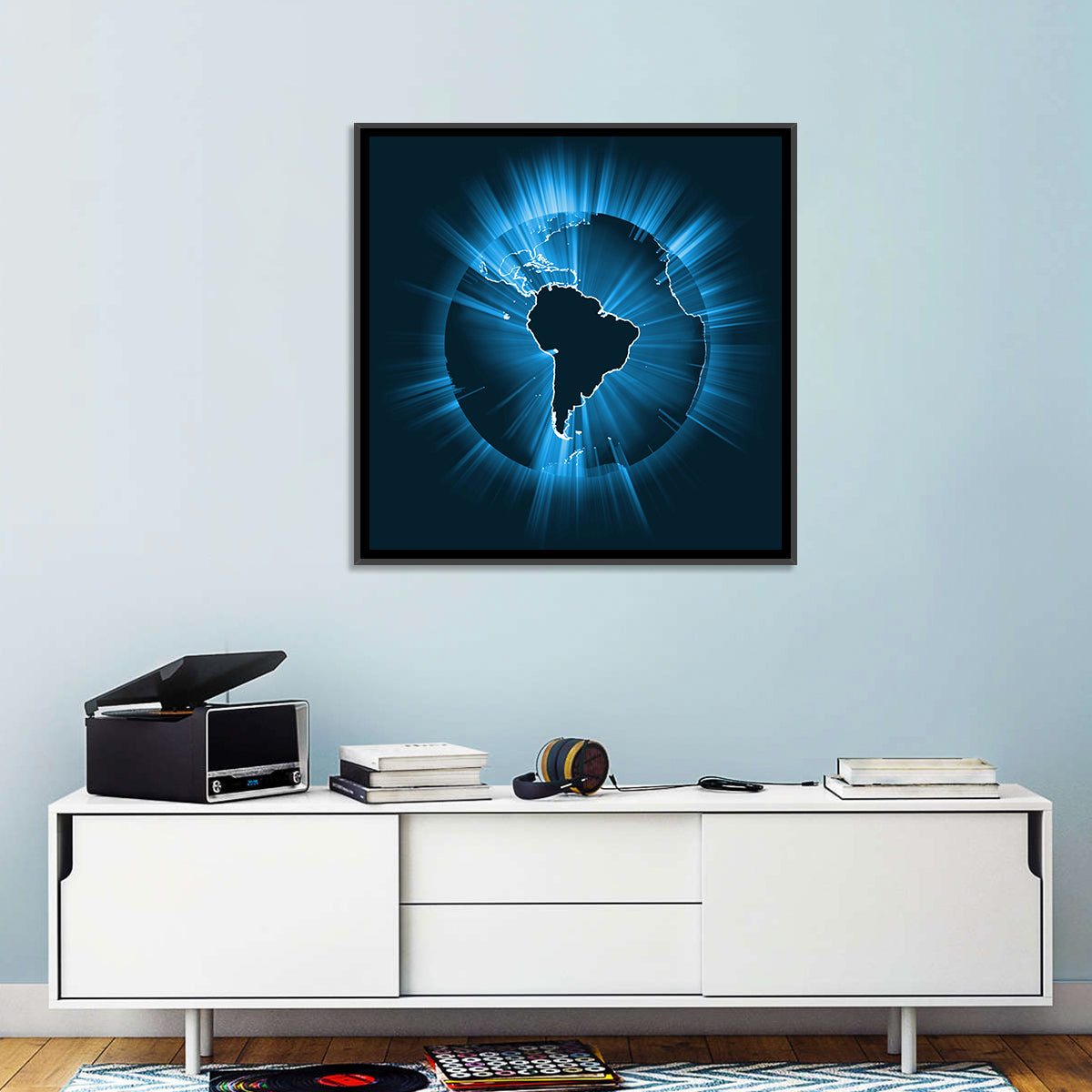 Glowing South America Map Wall Art in a room, square