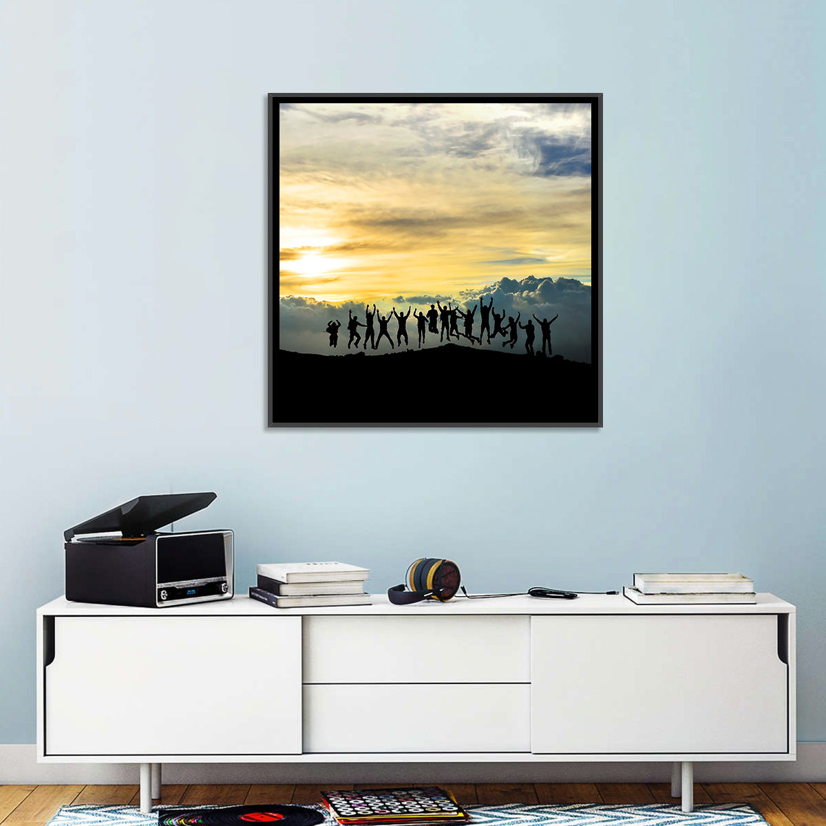 Golden Team Silhouettes at Sunset Wall Art in a room, square