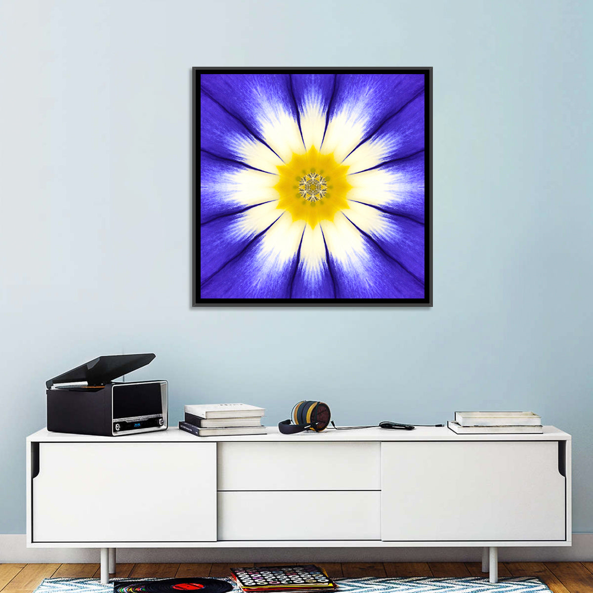 Blue Cornflower Mandala Bloom Wall Art in a room, square