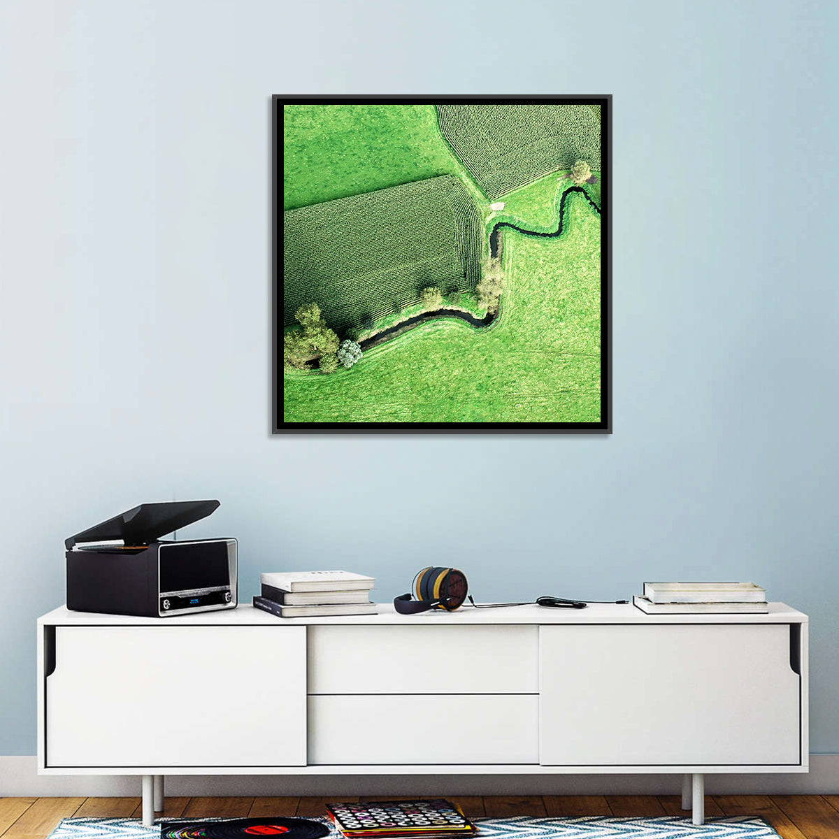 Meandering Stream Over Farmland Wall Art in a room, square