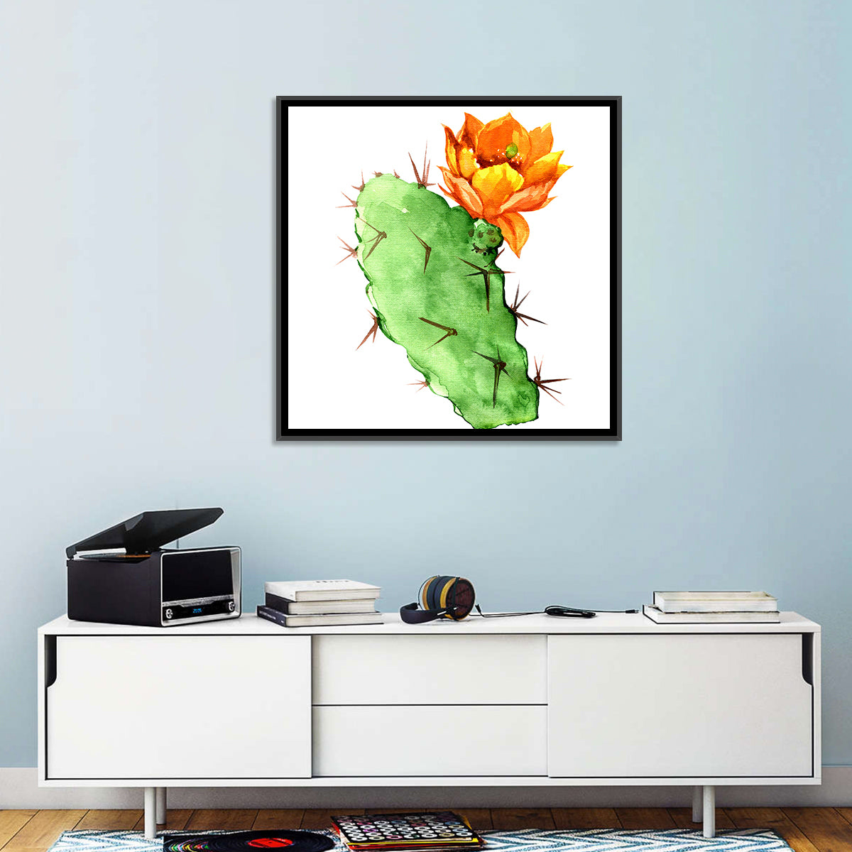Opuntia Cactus Watercolor Wall Art in a room, square