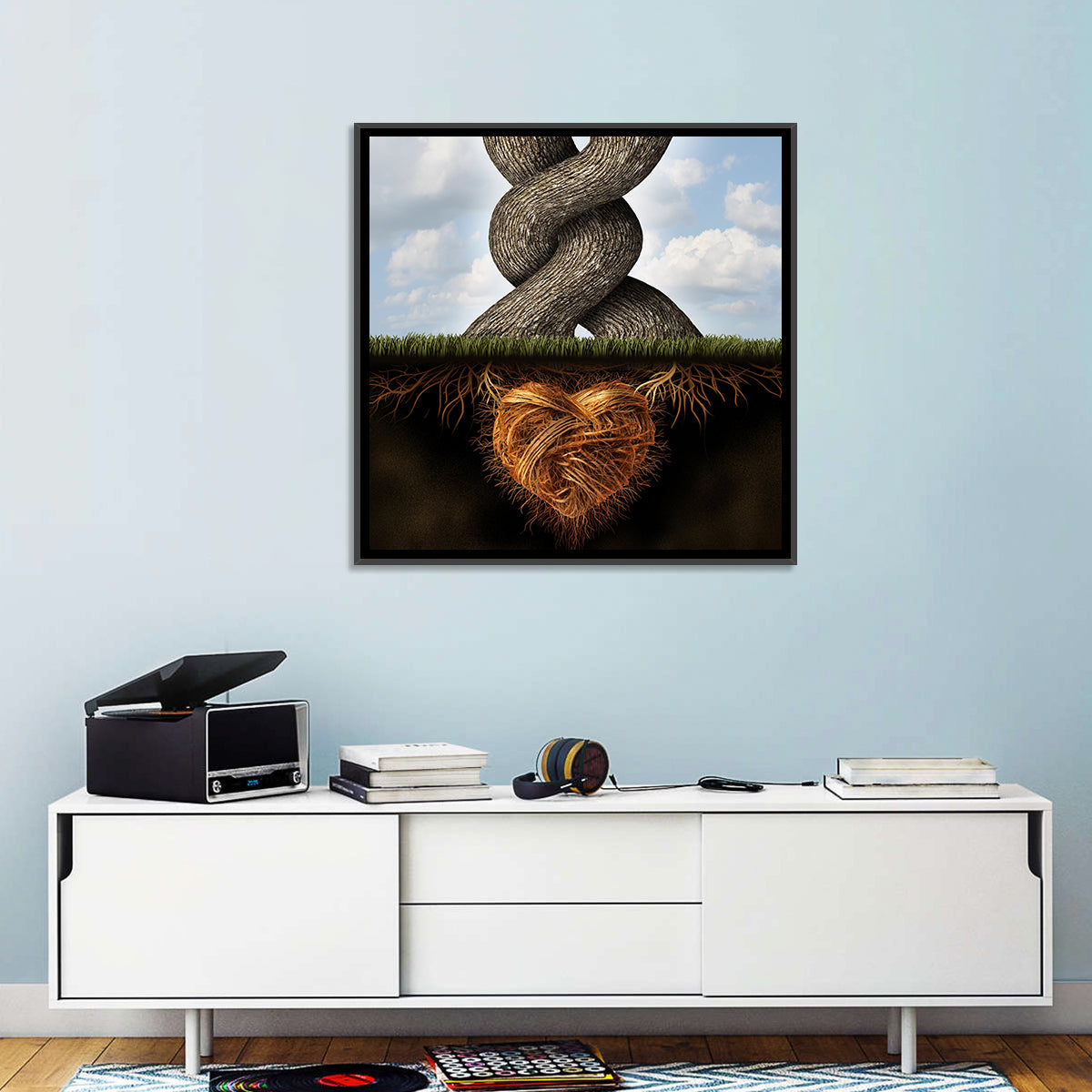Intertwined Trees with Heart-shaped Roots Wall Art in a room, square