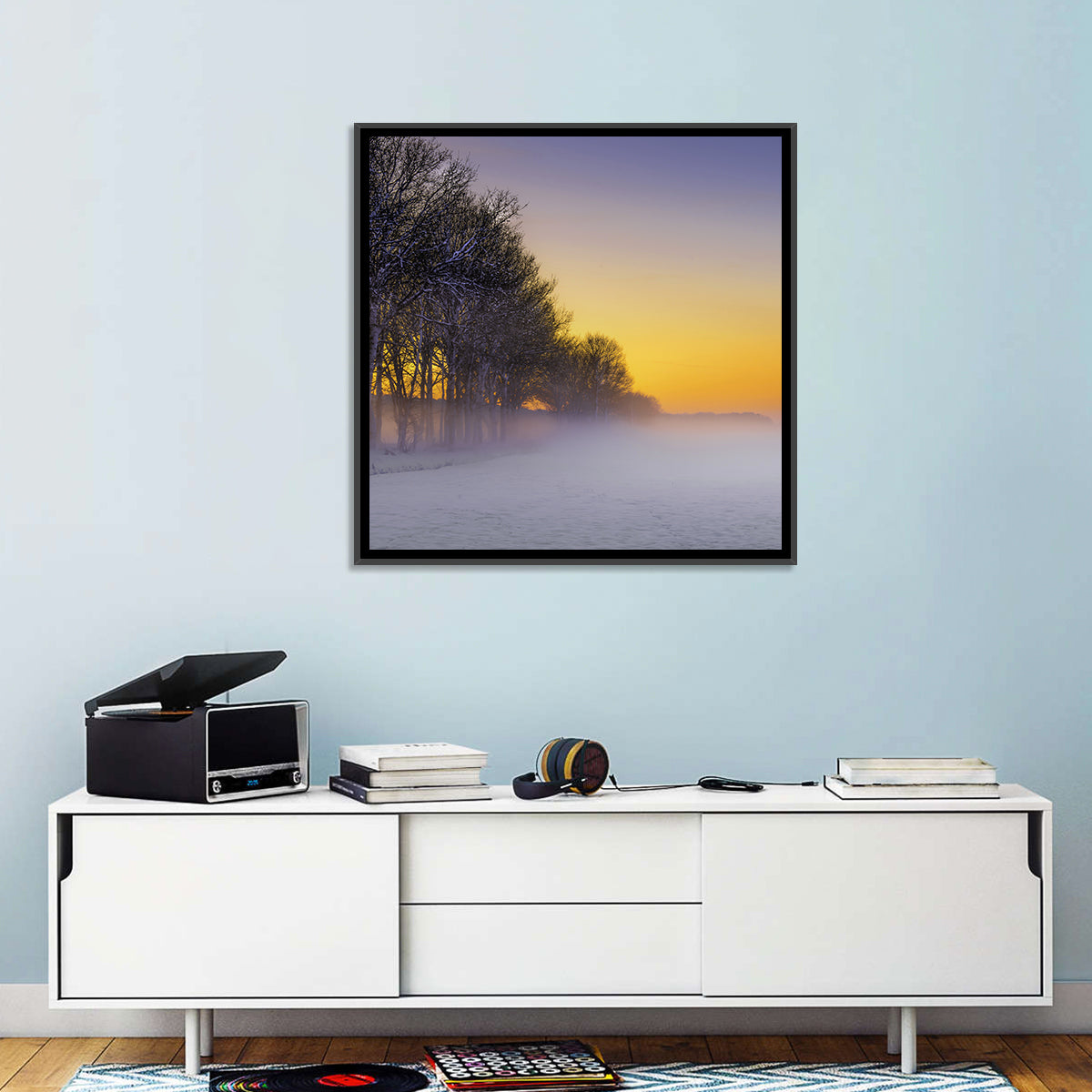 Winter Fog at Sunset Wall Art in a room, square