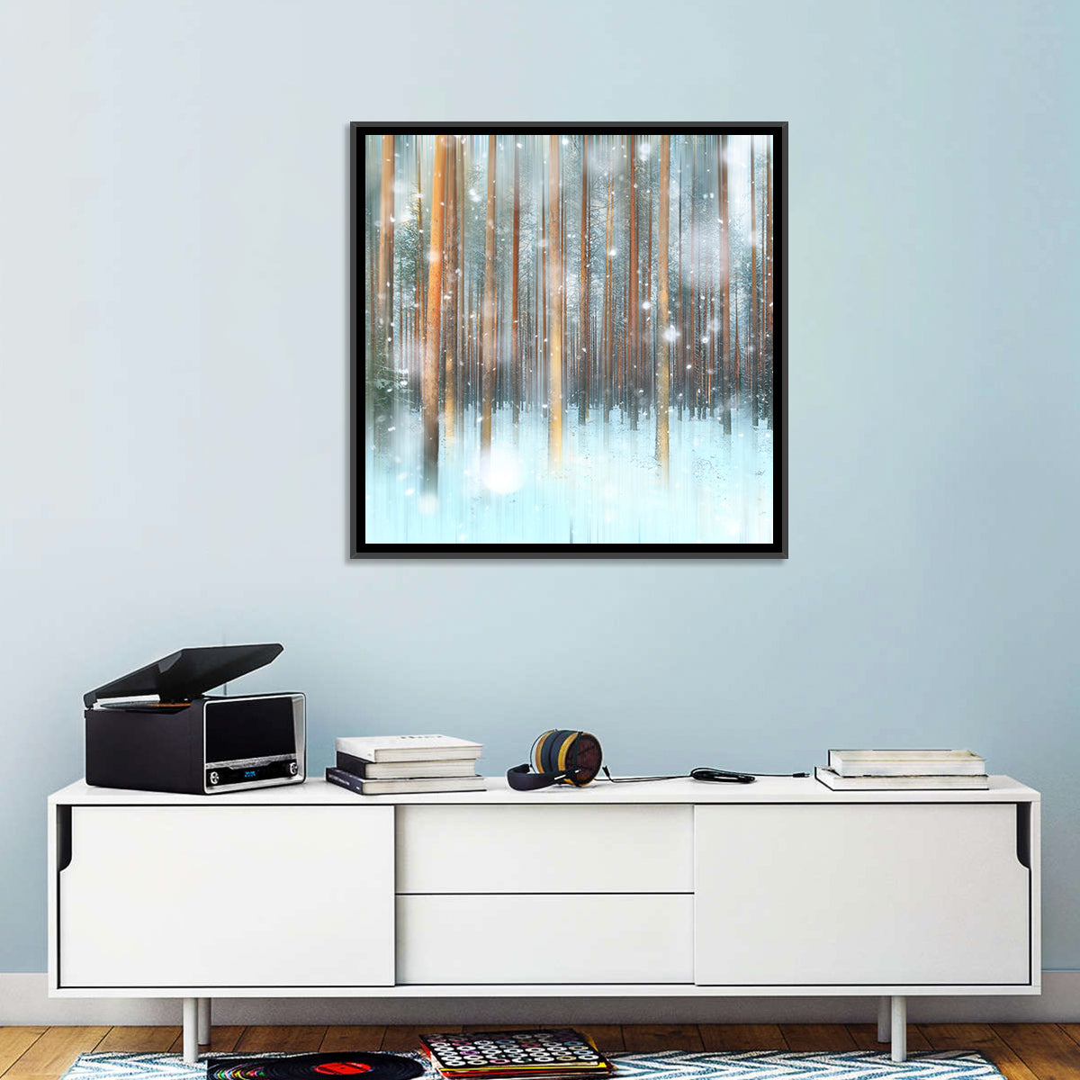 Ethereal Snowy Pine Forest Wall Art in a room, square